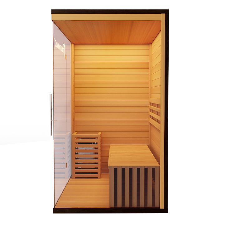 Traditional 7 Medical Sauna (3 Person) with glass doors, hemlock construction, internal benches, and integrated speaker system.