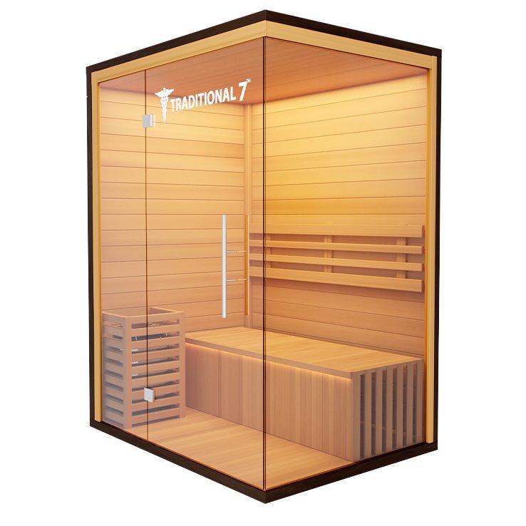 Traditional 7 Medical Sauna for 3 people, featuring glass walls, a wooden hemlock construction, and a glass door for an enhanced sauna experience.
