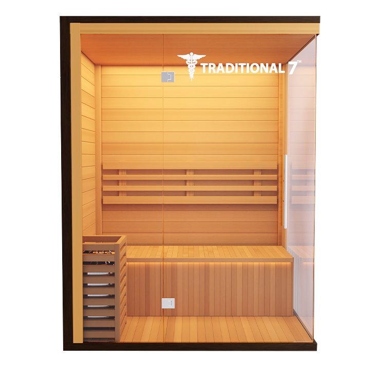 Traditional 7 Medical Sauna (3 Person) featuring glass walls, hemlock wood construction, and internal benches, suitable for up to three people.