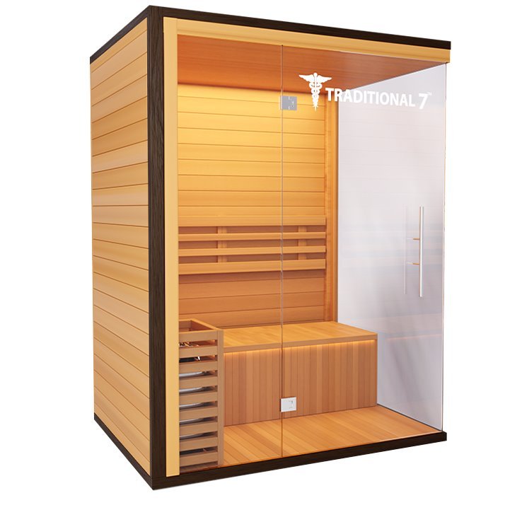 Traditional 7 Medical Sauna (3 Person) featuring a wooden hemlock construction, glass doors, internal benches, and built-in audio system.
