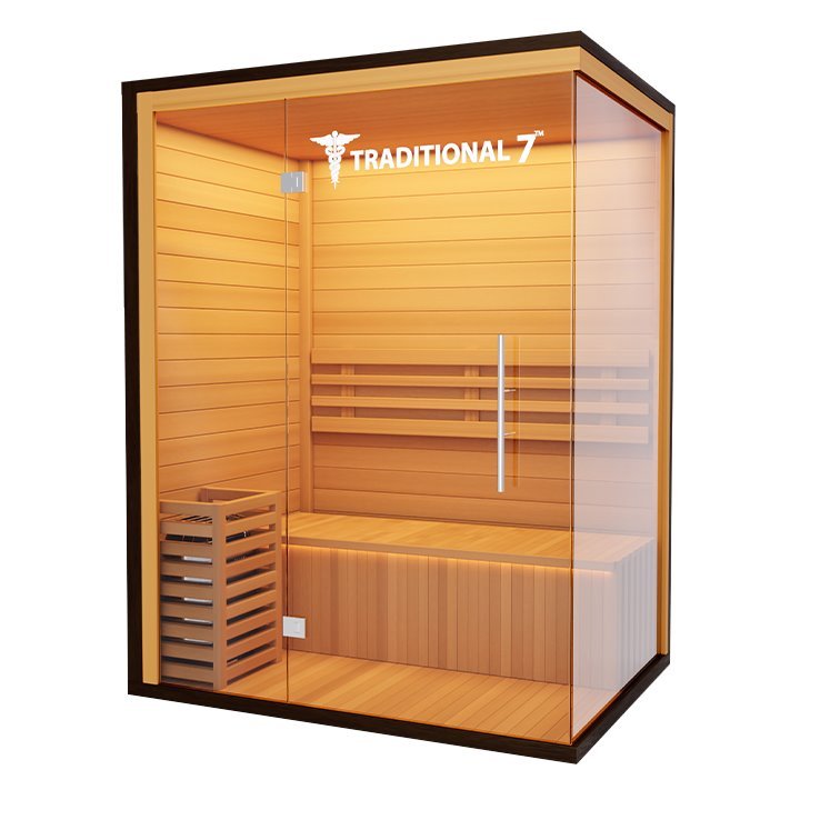 Traditional 7 Medical Sauna (3 Person) with glass doors, hemlock construction, and built-in speaker system for optimal wellness and comfort.