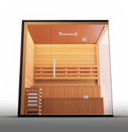 Traditional 8 Plus v2 Sauna with a glass door, designed for 4-6 people. Features durable hemlock wood construction and advanced medical components for health benefits.