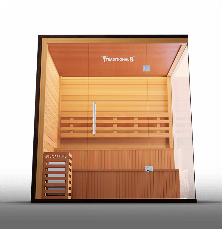 Traditional 8 Plus v2 Sauna with a glass door, designed for 4-6 people. Features durable hemlock wood construction and advanced medical components for health benefits.
