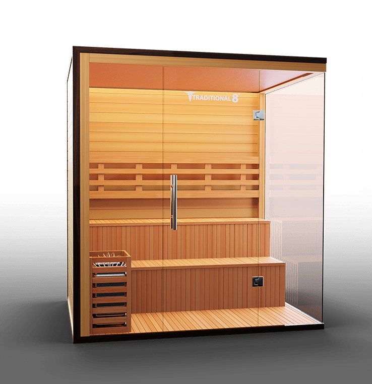 Traditional 8 Plus Sauna with glass doors, wooden construction, designed for 4-6 people, integrating medical components for health benefits.