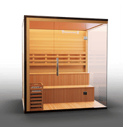 Traditional 8 Plus Sauna with glass doors, wooden construction, designed for 4-6 people, integrating medical components for health benefits.