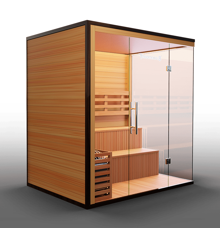 Traditional 8 Plus v2 Sauna with glass doors, hemlock wood construction, designed for 4-6 people, offering medical and health benefits.