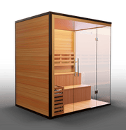 Traditional 8 Plus v2 Sauna with glass doors, hemlock wood construction, designed for 4-6 people, offering medical and health benefits.