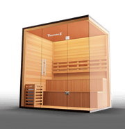 Traditional 8 Plus v2 Sauna: a glass-enclosed wooden sauna with a glass door, designed for 4-6 people, featuring durable hemlock construction and advanced medical components.