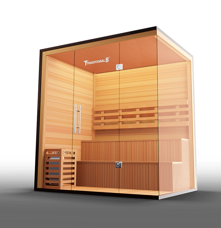 Traditional 8 Plus v2 Sauna: a glass-enclosed wooden sauna with a glass door, designed for 4-6 people, featuring durable hemlock construction and advanced medical components.