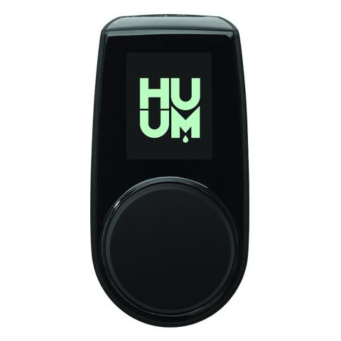 The HUUM UKU Local - Controller by HUUM is a black sauna controller with a circular dial and a screen displaying HUUM in large, light green letters, designed for efficient management of your sauna heater.