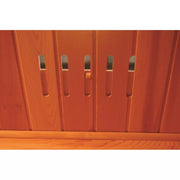 SunRay Bristol Bay 4-Person Indoor Corner Sauna 400KC with ergonomic backrests, carbon heaters, and Canadian red cedar wood construction.
