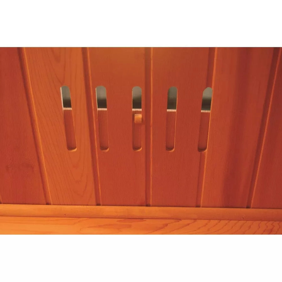 SunRay Bristol Bay 4-Person Indoor Corner Sauna 400KC with ergonomic backrests, carbon heaters, and Canadian red cedar wood construction.