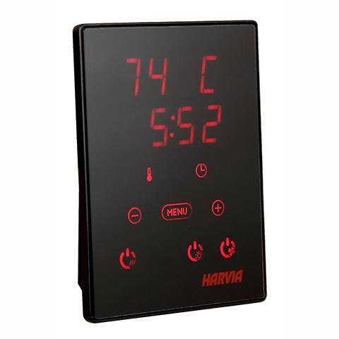 The Harvia Xenio CX170 WiFi Sauna Control, in black with a red LED display showing “74 C” and “5:52,” features touch buttons for temperature, timer, and power. The HARVIA brand appears at the bottom right for smart sauna control.