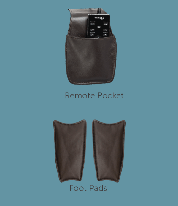 Remote control of the Daiwa Legacy 4 Massage Chair, stored in a tan leather pouch.