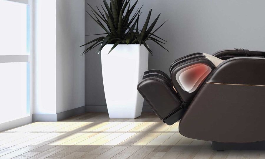 Daiwa Legacy 4 Massage Chair with a potted plant nearby, showcasing its sleek design and advanced leg massager.
