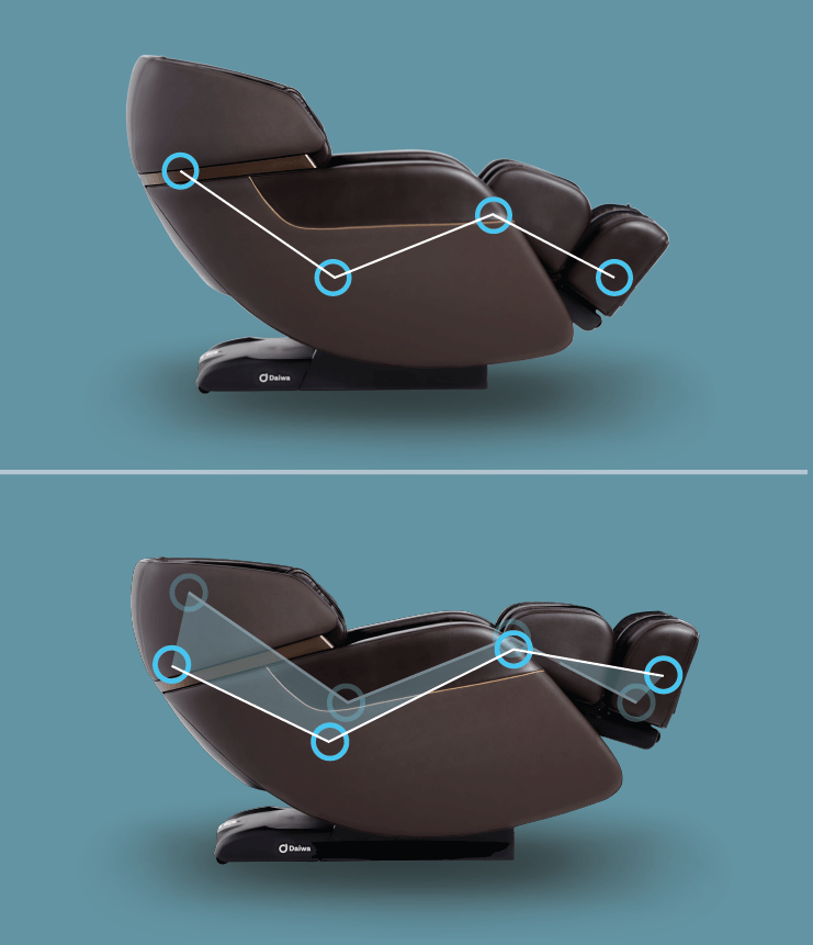 Daiwa Legacy 4 Massage Chair showcasing its advanced features, including heated leg massage, space-saving design, and multiple airbags for a full-body therapeutic experience.