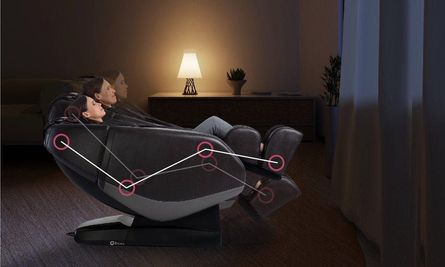 A woman relaxing in the Daiwa Orbit 3D Massage Chair, which offers advanced features like zero-gravity positioning and a full-body massage track.