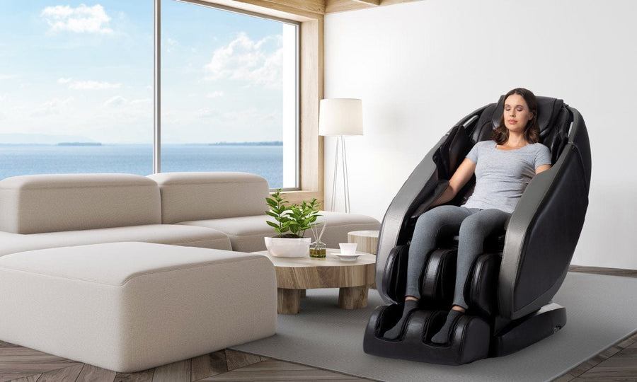 A woman relaxing in the Daiwa Orbit 3D Massage Chair, designed for full-body wellness with advanced features and space-saving design.