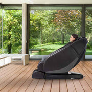 A woman relaxes in a Daiwa Orbit 3D Massage Chair, showcasing its advanced features and space-saving design.