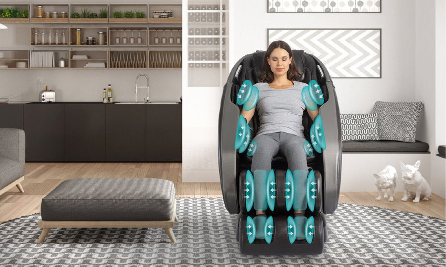 A woman enjoying the Daiwa Orbit 3D Massage Chair, which offers advanced features like heat and zero-gravity positioning for whole-body wellness.