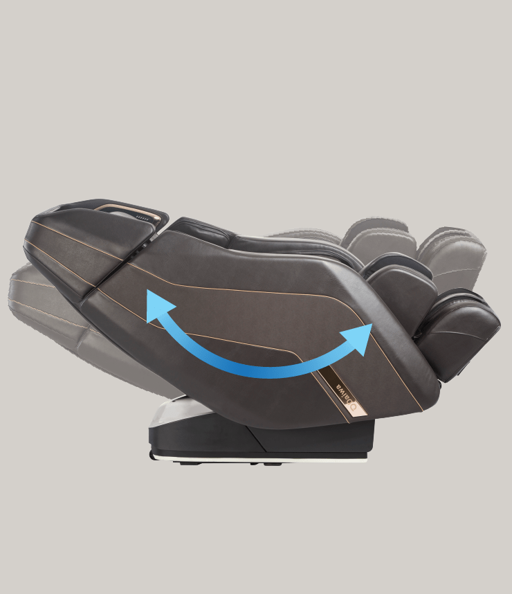 Daiwa Pegasus 2 Smart Massage Chair in recline position, with blue arrows indicating massage features and positioning.