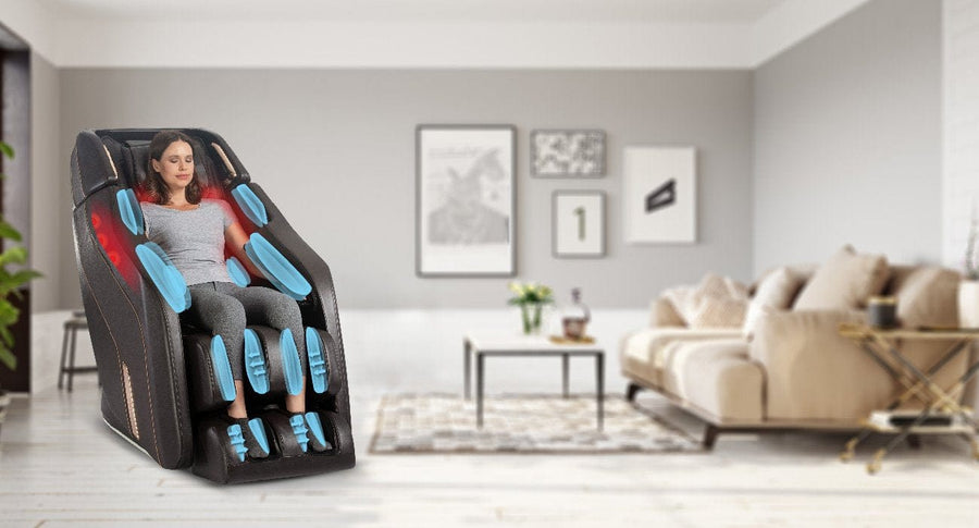 A woman sitting in a Daiwa Pegasus 2 Smart Massage Chair with advanced massage features and wall-hugger design.