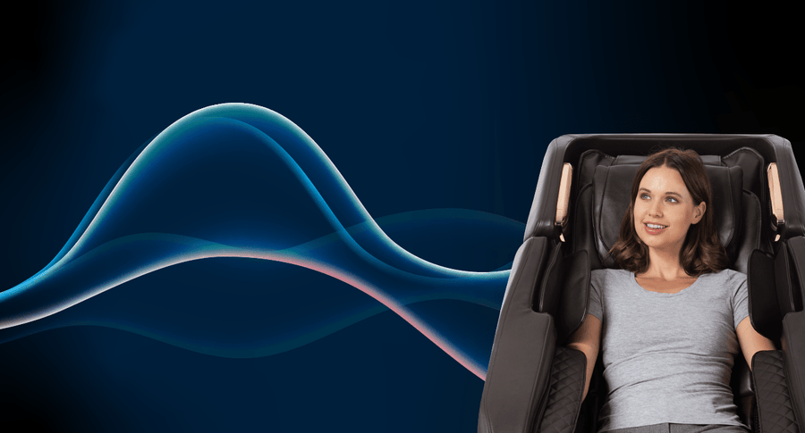 A woman relaxing on the Daiwa Pegasus 2 Smart Massage Chair, showcasing its ergonomic design and advanced massage features.