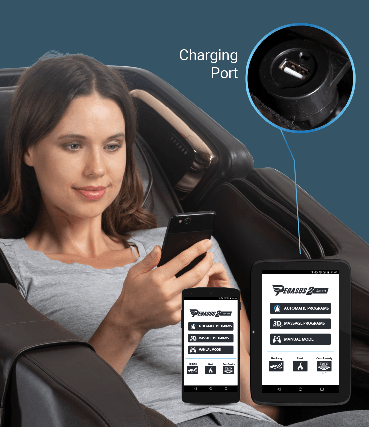 A woman using the Daiwa Pegasus 2 Smart Massage Chair, holding a smartphone, showcasing its voice-activated massage and charging features.