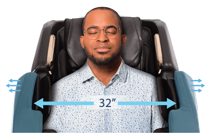 A man relaxes in a Daiwa Pegasus 2 Smart Massage Chair, eyes closed, experiencing the chair’s advanced features like Zero Gravity recline and Shiatsu Wave™ Calf Massage.