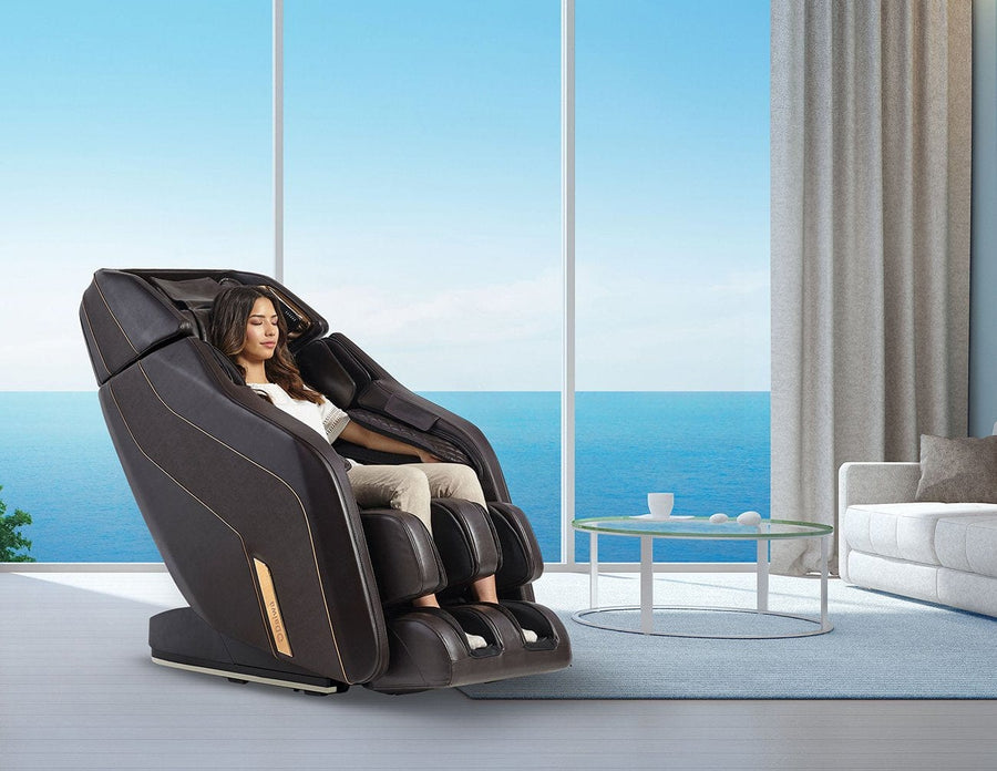 A woman sits in the Daiwa Pegasus 2 Smart Massage Chair, enjoying its advanced features for a relaxing massage experience.