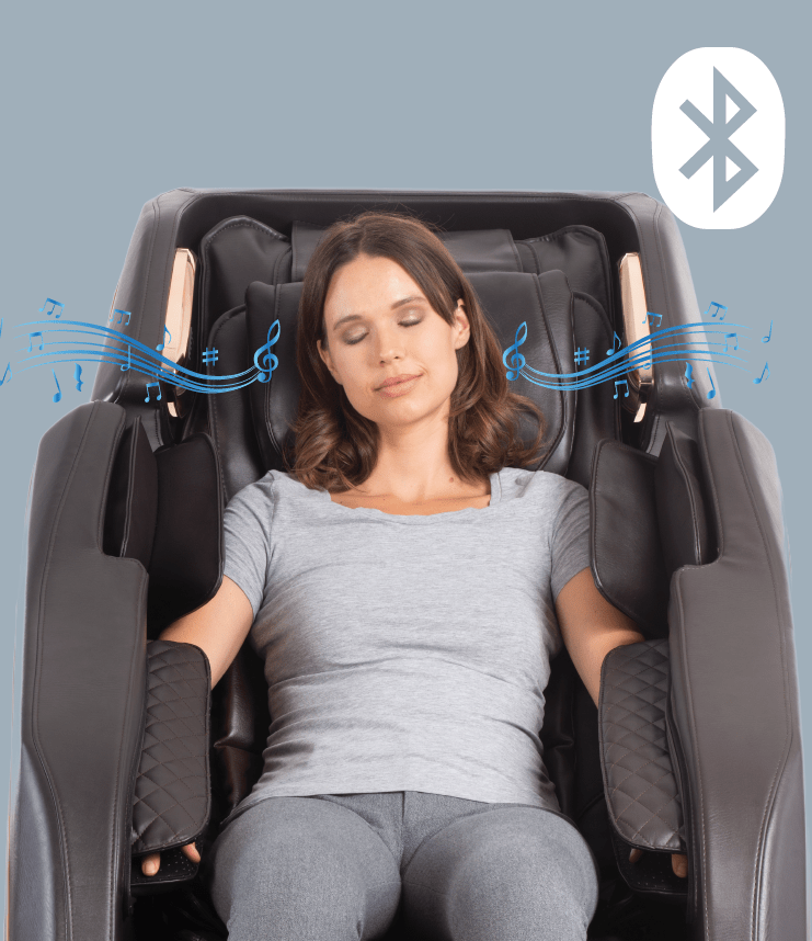 Woman relaxing in a Daiwa Pegasus 2 Smart Massage Chair, featuring voice control and advanced massage functions.