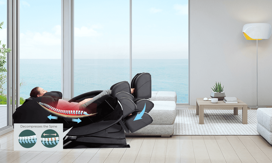 A woman relaxing in a Daiwa Relax 2 Zero 3D Massage Chair, surrounded by living room furniture, showcasing its full-body massage capabilities.