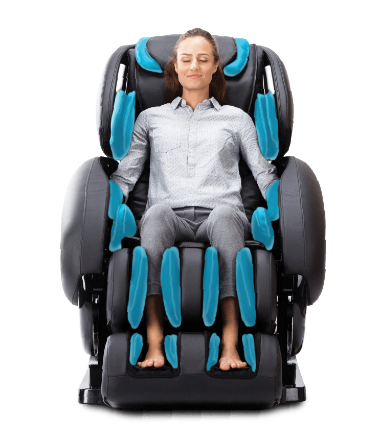 A woman sits in a Daiwa Relax 2 Zero 3D Massage Chair, eyes closed, enjoying a full-body therapeutic massage.