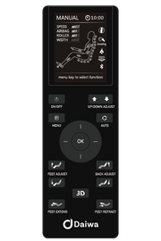 Close-up of the Daiwa Relax 2 Zero 3D Massage Chair's advanced remote control with buttons and dials for easy program navigation.