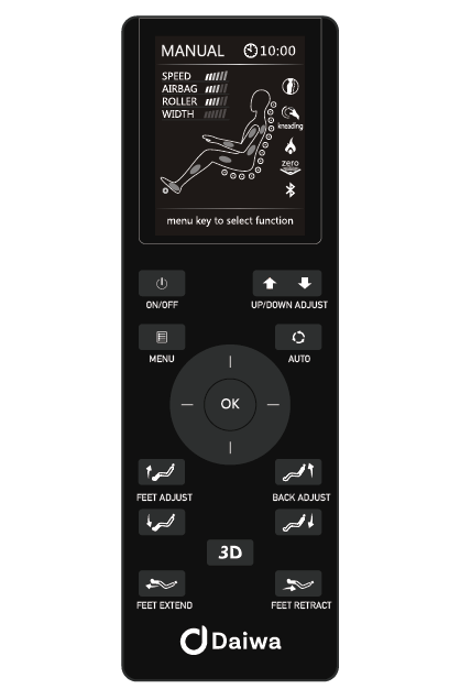Close-up of the Daiwa Relax 2 Zero 3D Massage Chair's advanced remote control with buttons and dials for easy program navigation.