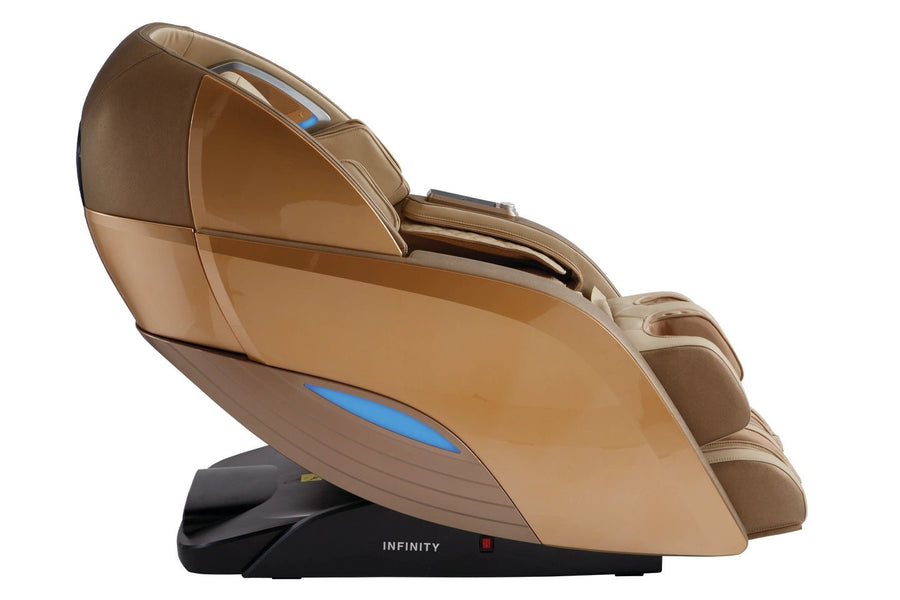 Infinity Dynasty 4D Massage Chair with 4D back massage, foot reflexology, calf kneading, chromotherapy, and sound therapy for a complete wellness experience.
