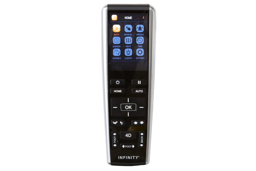 Infinity Dynasty 4D Massage Chair's black remote control, featuring various buttons for customized massage settings and wellness features.