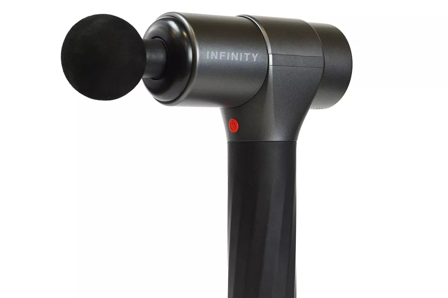 Infinity PR Pro Advantage Percussion Massage Device, a black ergonomic machine with a black handle, featuring a red power button and multiple adjustable speed settings for deep-tissue massage.