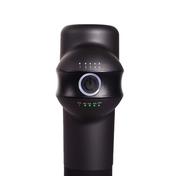 Infinity PR Pro Endurance Percussion Massage Device, featuring a power button, designed for professional-grade muscle relief with multiple speed settings and interchangeable massage heads.