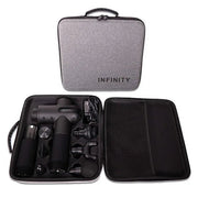 Infinity PR Pro Endurance Percussion Massage Device in carry case with extra battery pack and interchangeable massage heads.