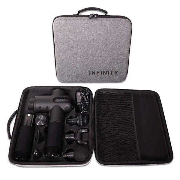 Infinity PR Pro Endurance Percussion Massage Device in carry case with extra battery pack and interchangeable massage heads.