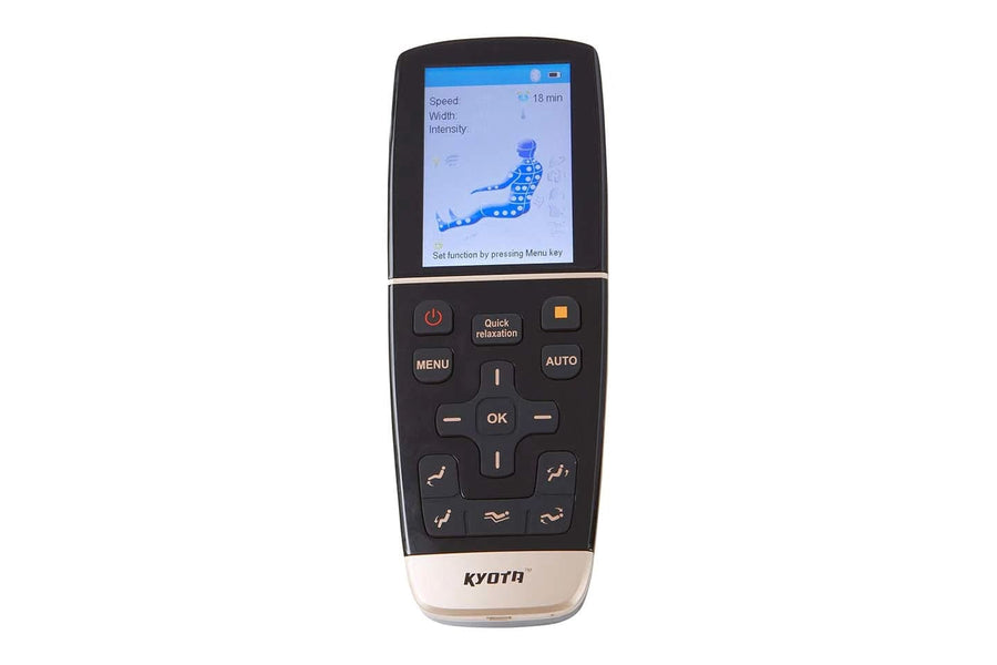 Close-up of the Kyota Kokoro M888 Massage Chair's control panel, showcasing advanced features like Intelligent Voice Command for personalized relaxation.