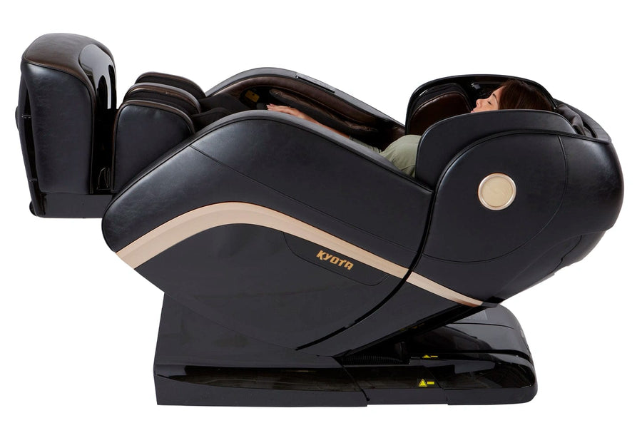 A woman relaxing in the Kyota Kokoro M888 Massage Chair, showcasing its advanced features and luxurious design.