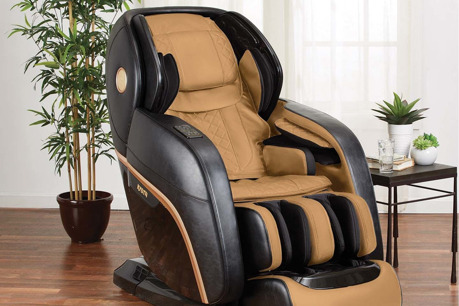 Kyota Kokoro M888 Massage Chair in a room with a potted plant and table nearby, highlighting advanced 4D massage technology and comprehensive body relief features.