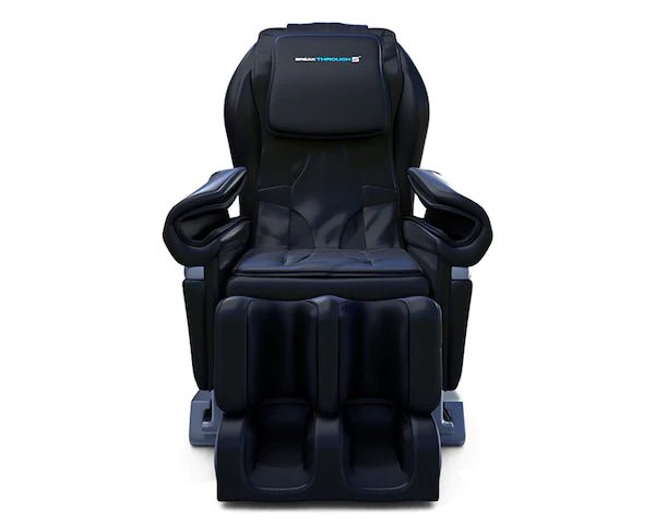 The Medical Breakthrough 5 Massage Chair by Medical Breakthrough, featuring a modern black design with padded armrests, wide seat, footrests, and Zero Gravity Sleep System, is shown from the front against a white background.