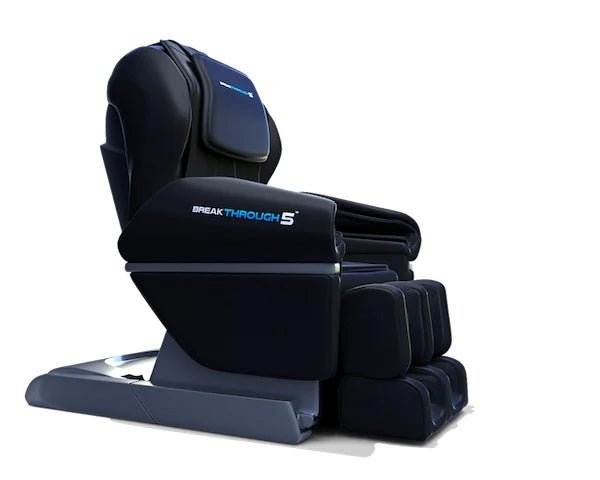 A sleek black Medical Breakthrough 5 Massage Chair by Medical Breakthrough is shown from the side on a white background, highlighting padded armrests, footrest, inclined backrest, and the innovative Zero Gravity Sleep System.