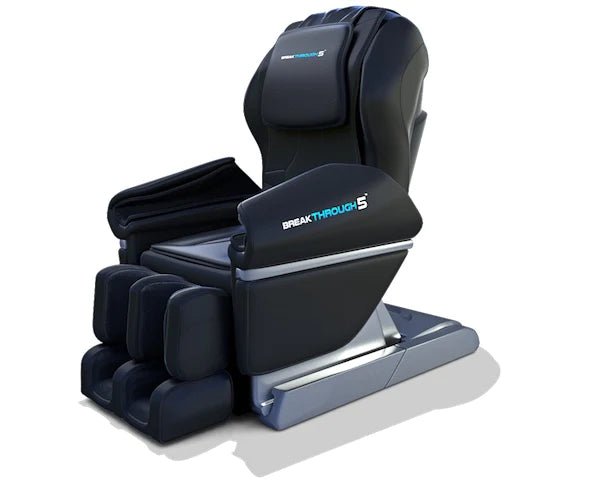The Medical Breakthrough 5 Massage Chair by Medical Breakthrough features padded armrests, leg supports, Full Body Stretch, and a Zero Gravity Sleep System for full-body relaxation. Finished in black and gray with the BREAKTHROUGH 5 label.