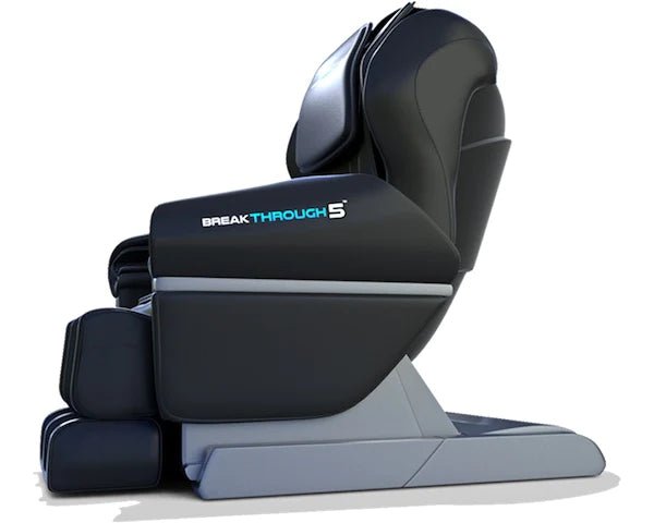 The Medical Breakthrough 5 Massage Chair by Medical Breakthrough is shown in sleek black and gray from the side, featuring padded arm, leg, and head supports on a modern base with an innovative Zero Gravity Sleep System.