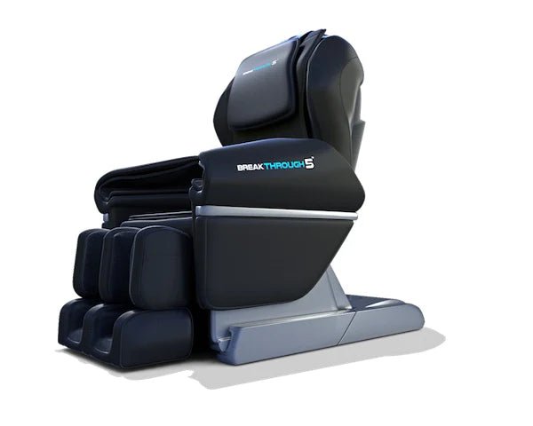 The Medical Breakthrough 5 Massage Chair by Medical Breakthrough, in sleek black and gray with padded supports and Zero Gravity Sleep System, is displayed against a white background.