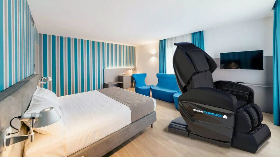 Medical Breakthrough 6 Plus massage chair in a hotel room, showcasing its advanced features for posture correction, pain relief, and sleep enhancement.